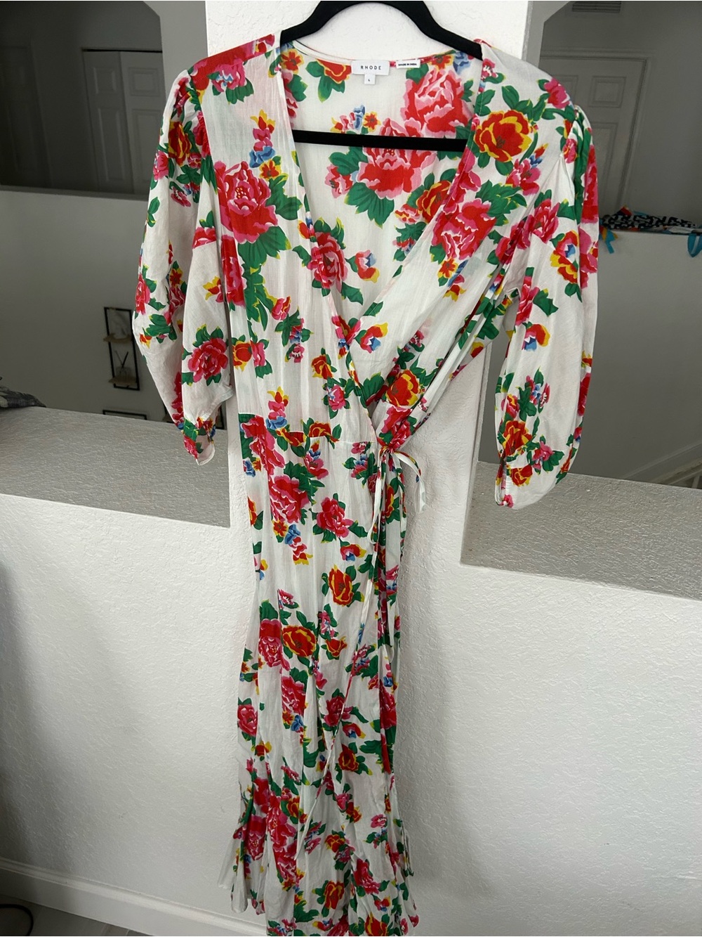 RHODE White Wrap Dress with Red Rose and Green Foliage Print